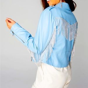 Light Blue Sequin Fringe Leather Jacket